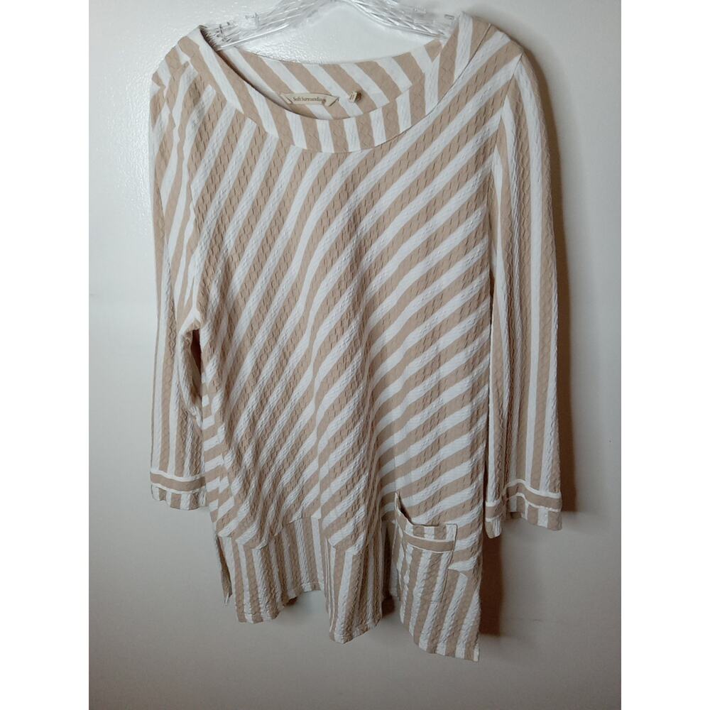 Soft Surroundings Women's Size L Beige White Stripe Glorieta Tunic Crew Neck
